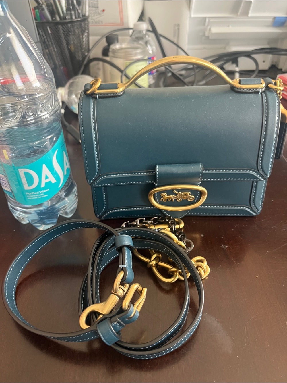 Coach Teal Leather Mini Crossbody with Gold Hardware
